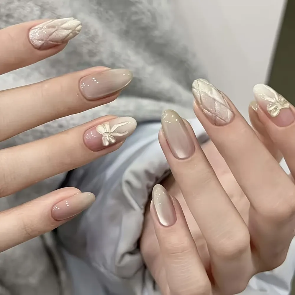Nailhour 10Pcs 3D French Nude Cat Eye Short Almond Press On Nails