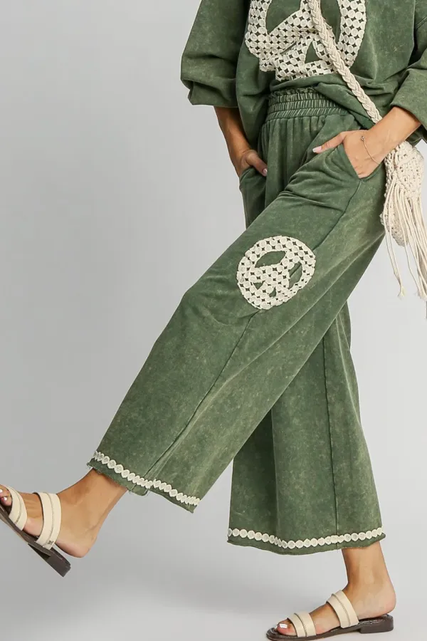 Full Size Peace Lace Applique Mineral Wash Wide Leg Pants Plus Size