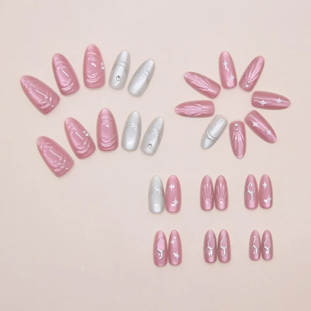 Nailhour 30Pcs 3D Pink Cat Eye Rhinestone Medium Almond Press On Nails