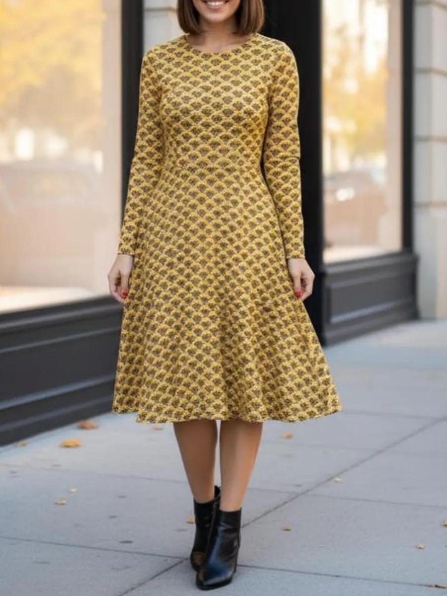 Retro Printed Long Sleeve Dress