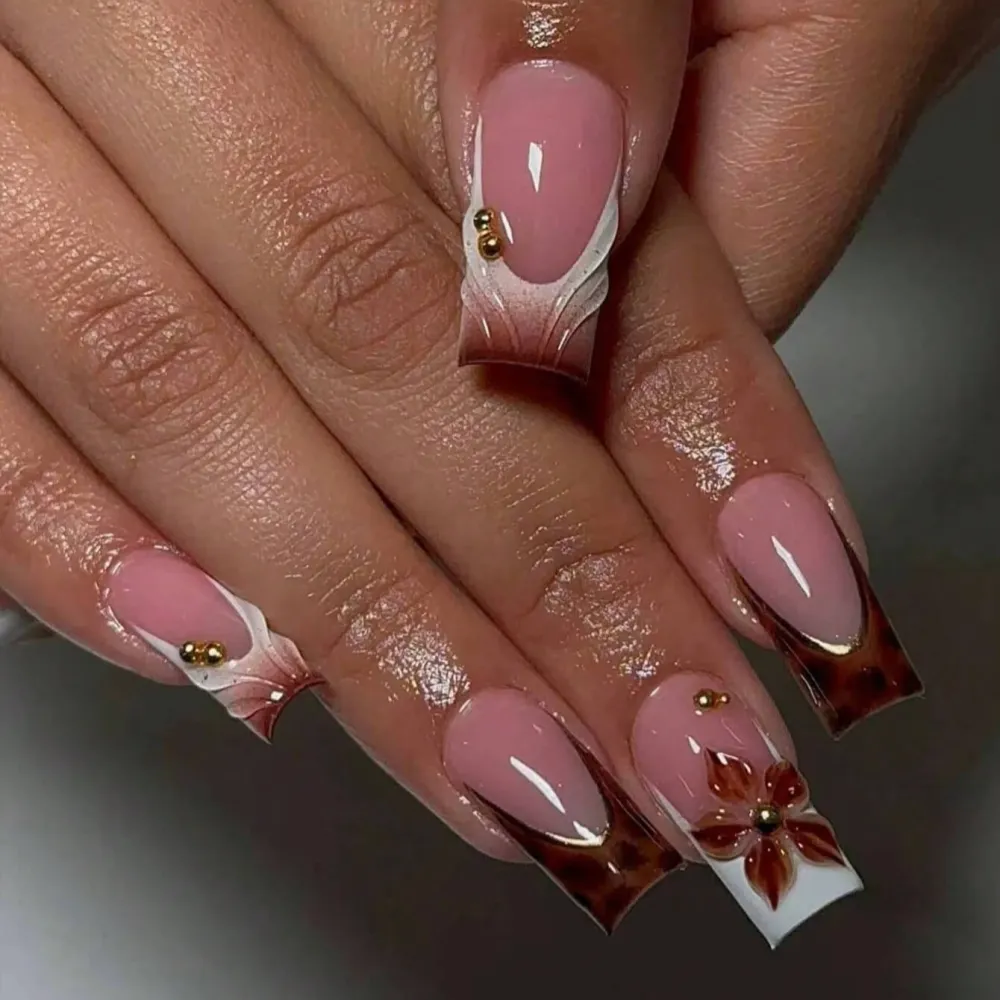 Nailhour 24Pcs French Brown 3D Medium Square Press On Nails