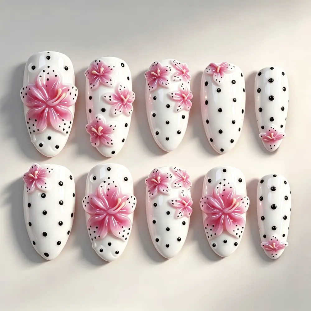 Nailhour 30Pcs Floral Polka Dot Medium Almond French Press On Nails