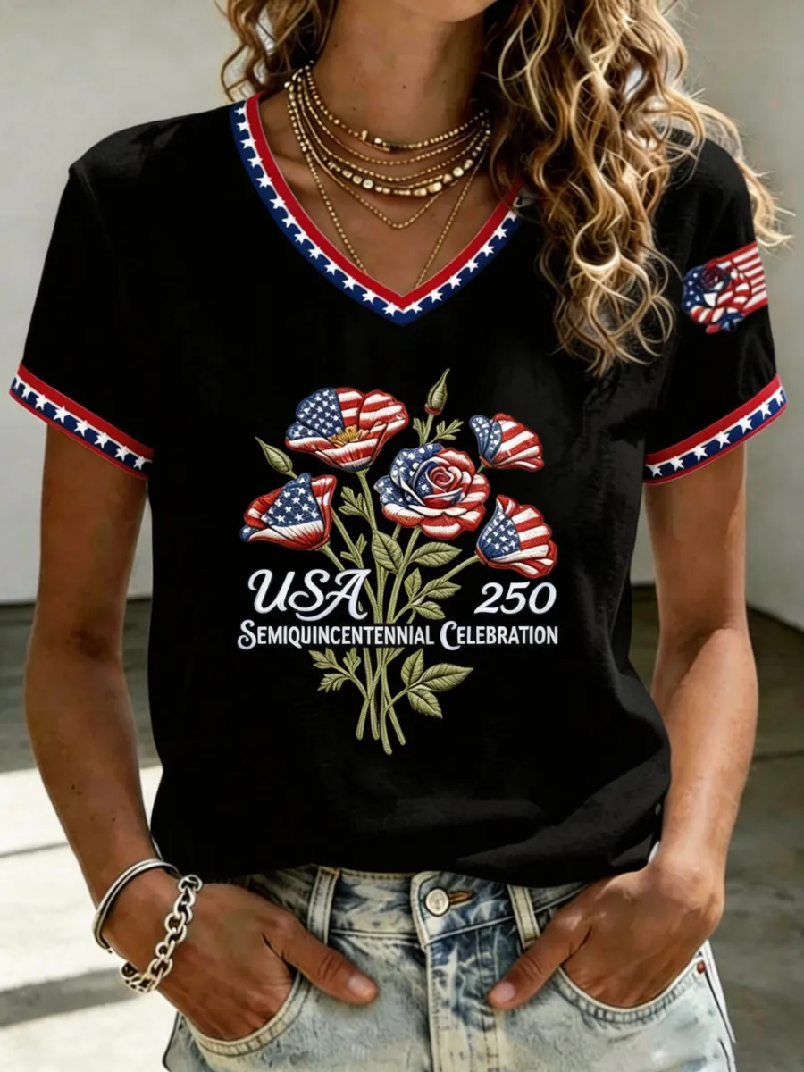 U.S. 250th Anniversary Rose Art Women's V-Neck T-Shirt