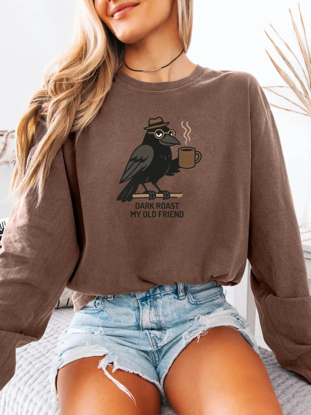 Retro Crow Coffee Print T-Shirt