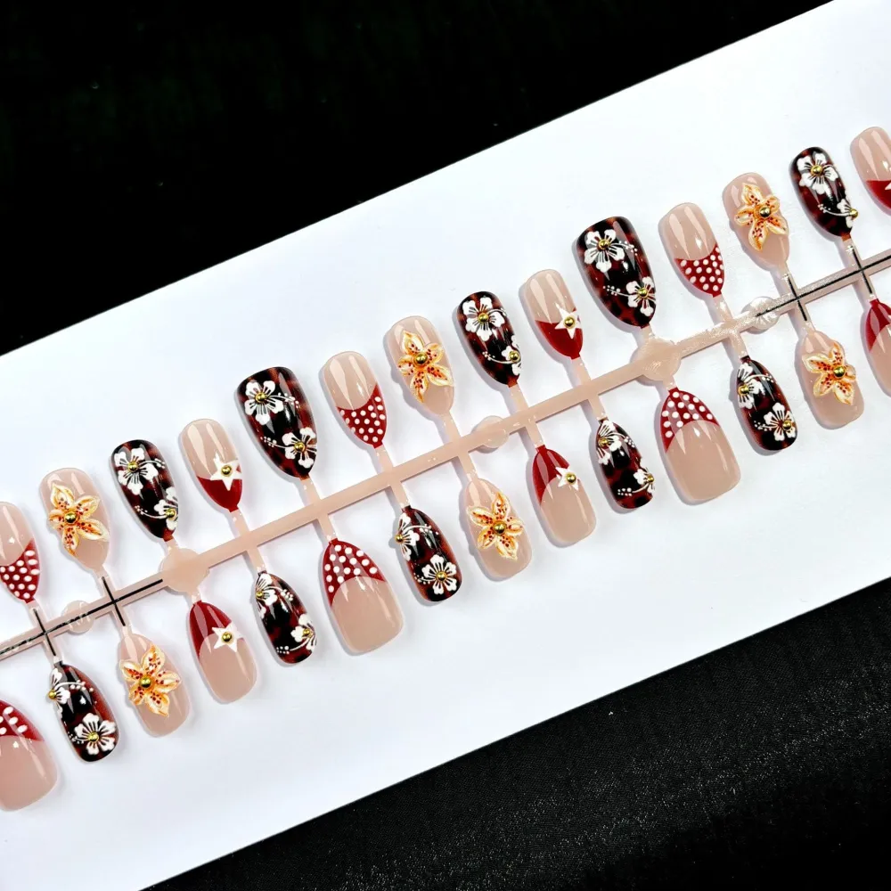 Nailhour 30Pcs Floral 3D Medium Almond French Amber Press On Nails