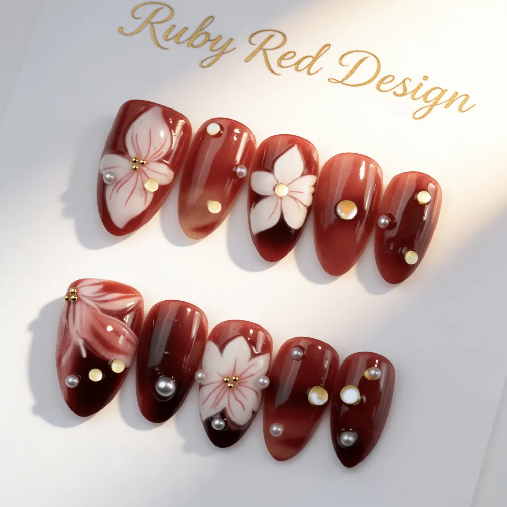 Nailhour 30Pcs Red Rhinestonee Medium Almond Press On Nails