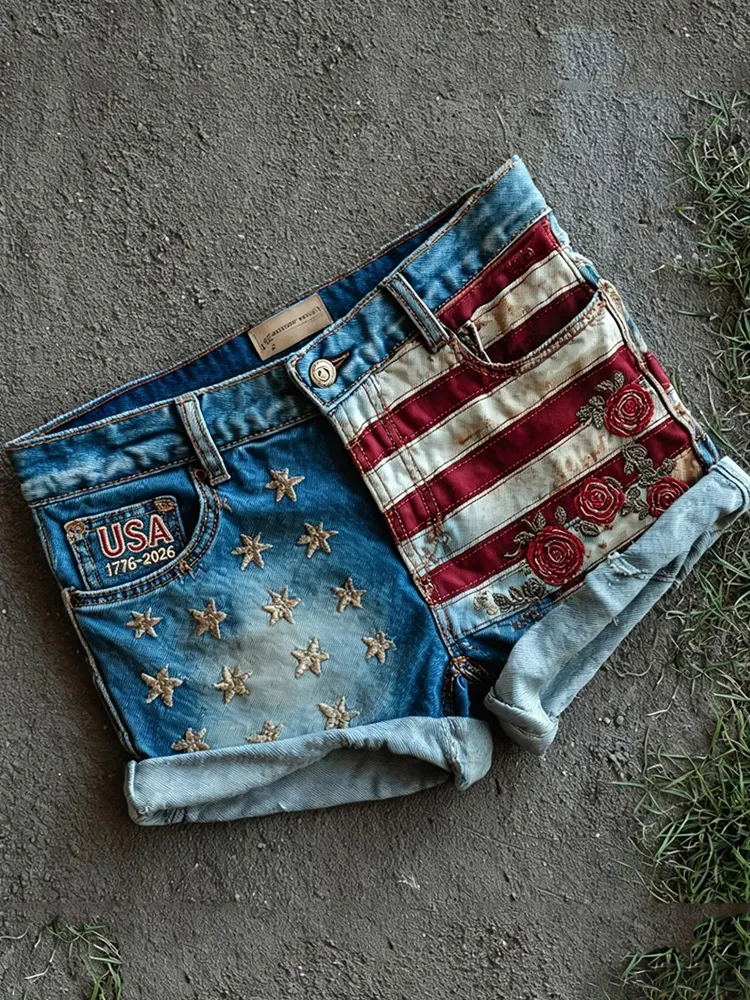 Women's USA 1776-2026 American Flag & Roses Print Shorts