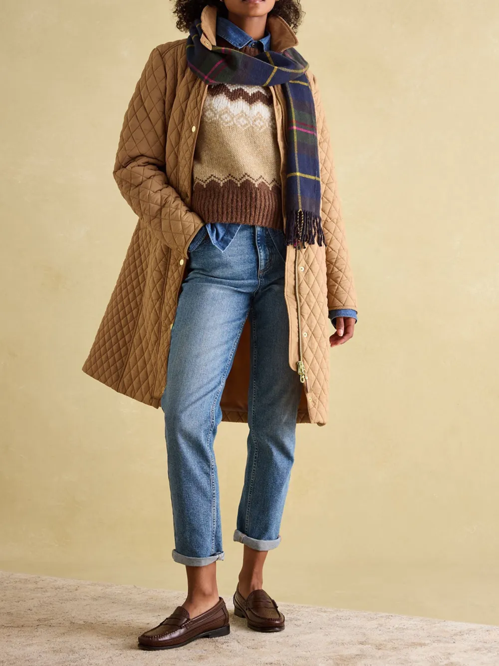 Brown Showerproof Longline Diamond Quilted Coat