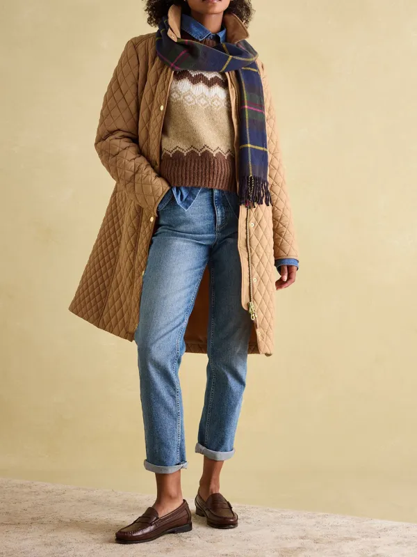 Brown Showerproof Longline Diamond Quilted Coat