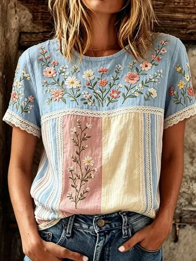 Women'S Casual Printed Cotton And Linen Round Neck Top