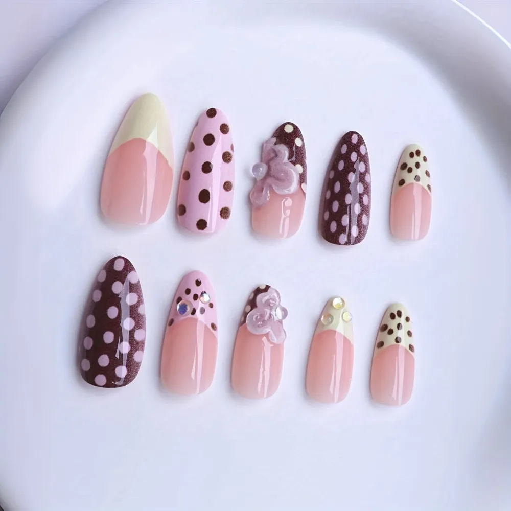 Nailhour 24Pcs 3D Floral Vintage Medium Almond Press On Nails