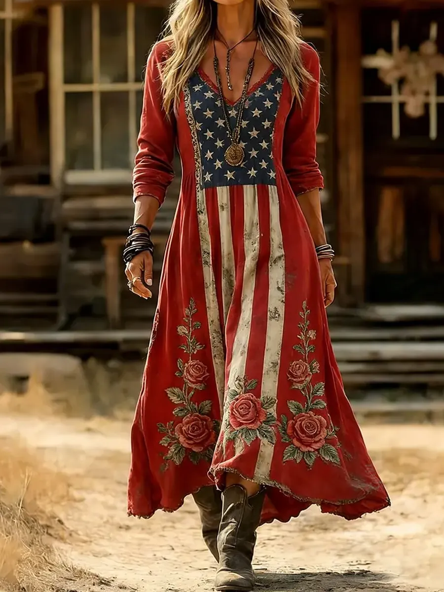 American Floral Art And Leisure Print Casual Dress