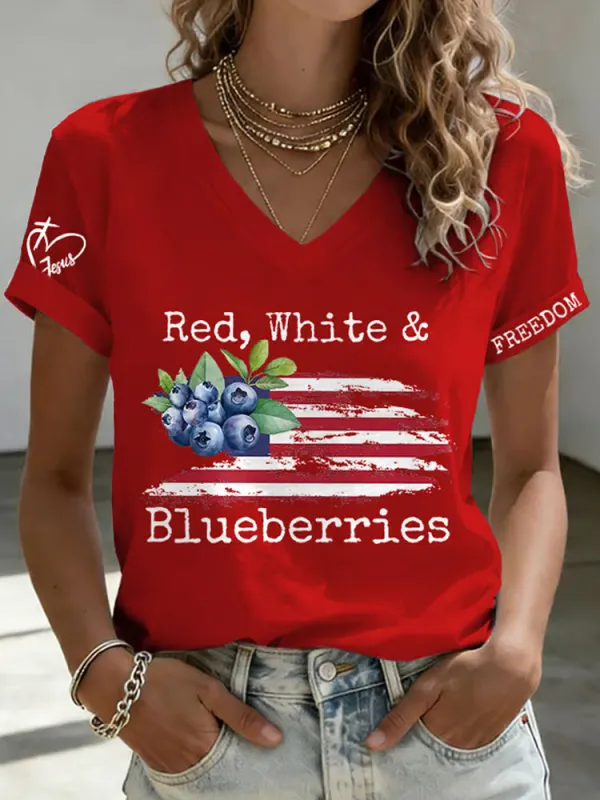 V-Neck Retro Independence Day Red, White & Blueberries Freedom Jesus Print T-Shirt