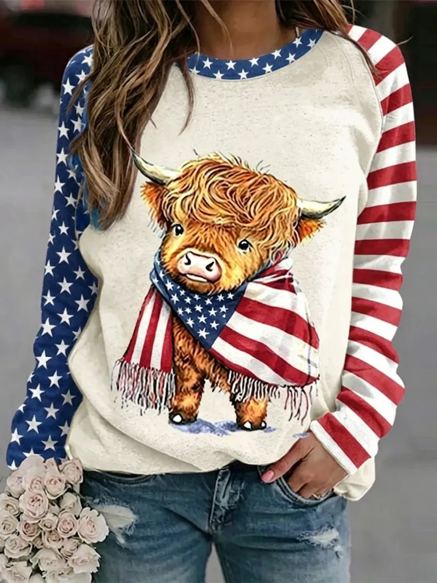 Women's America's 250th Anniversary Vintage Scottish Highland Cow Print Sweater