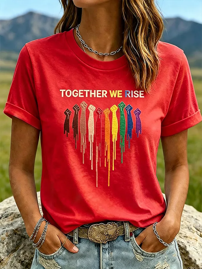 Women'S Together We Rise Rainbow Fist Print Tie Dye Casual T-Shirt