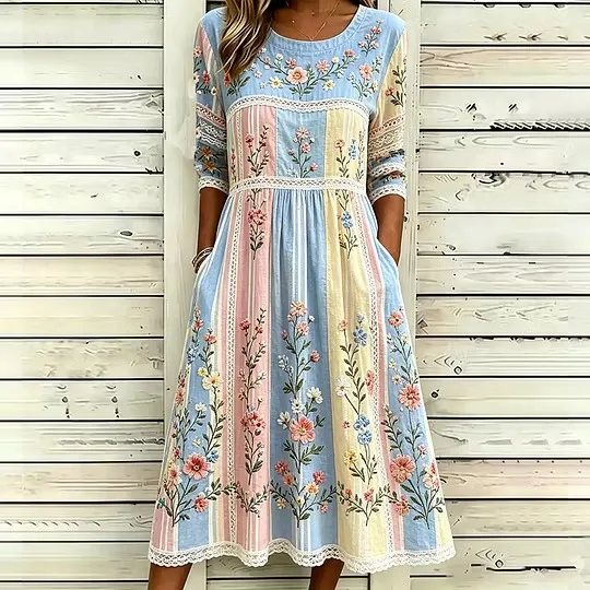Women's Retro Floral Vine Art Patchwork Cotton And Linen Tattered Round Neck Mid Sleeve Dress