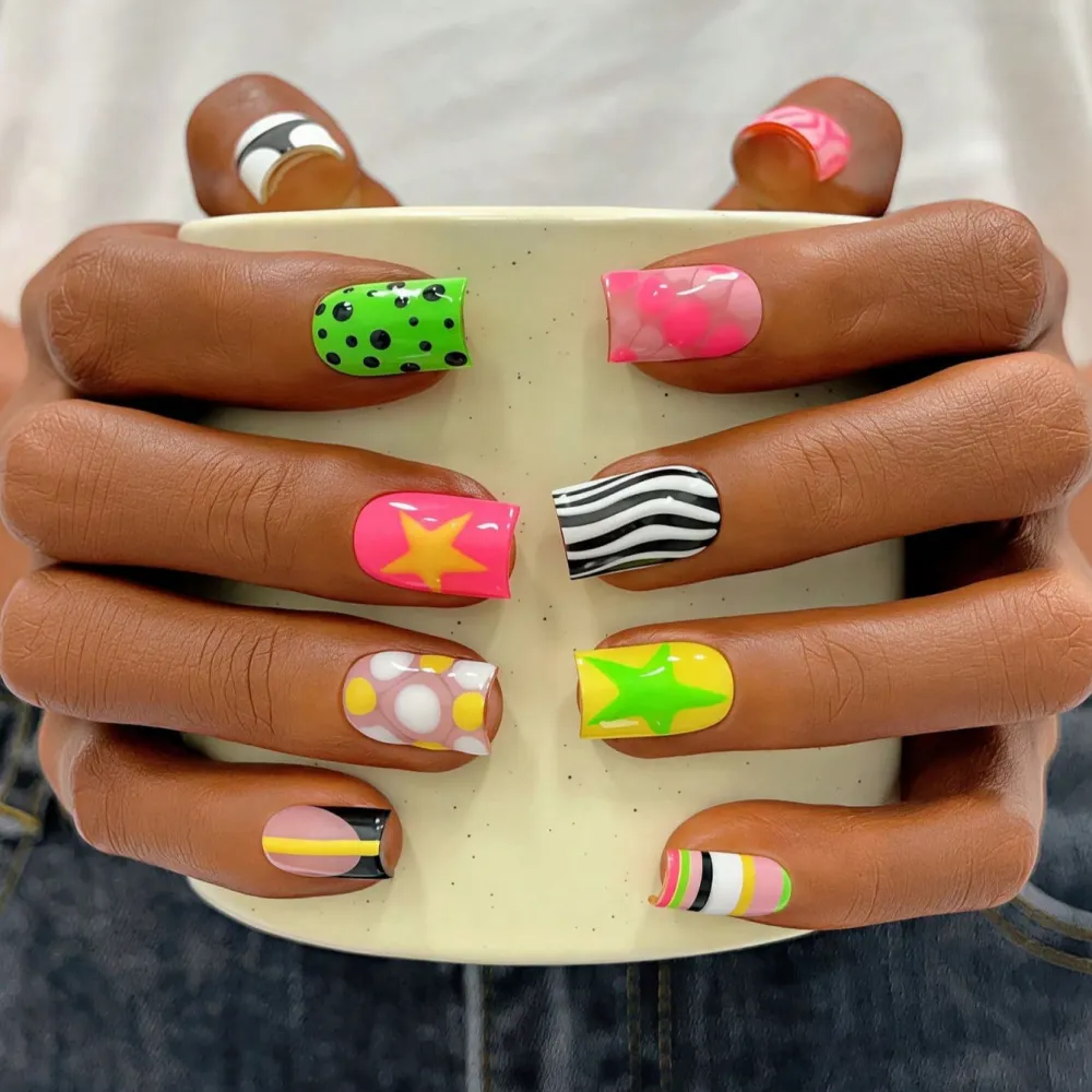 Nailhour 10Pcs Multicolor Y2K Handmade Short Square Press On Nails