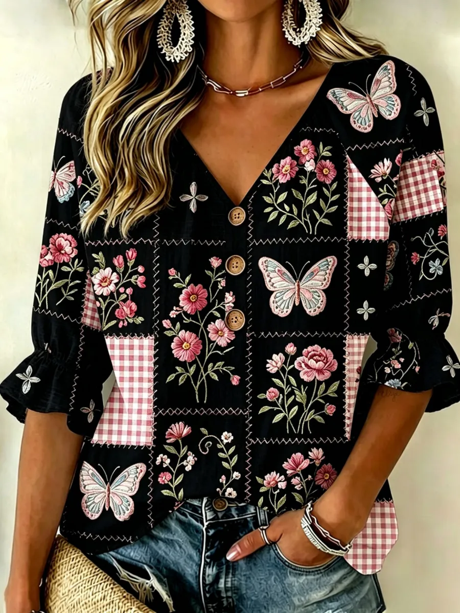 Women'S Floral Cotton Linen Shirt