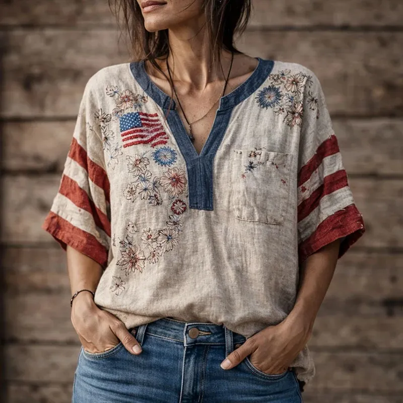 Women's America Floral Print Casual V-Neck 3/4 Sleeve