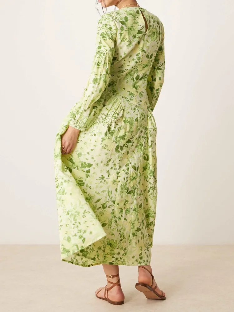 Plant Print Crew Neck Maxi Dress