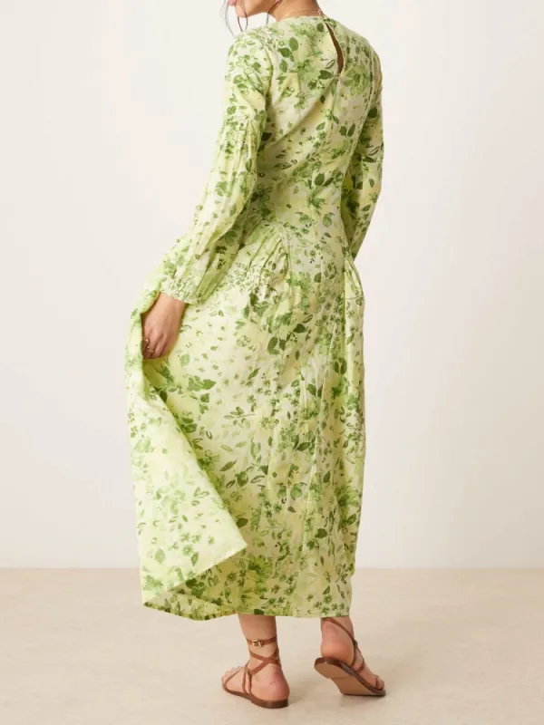 Plant Print Crew Neck Maxi Dress