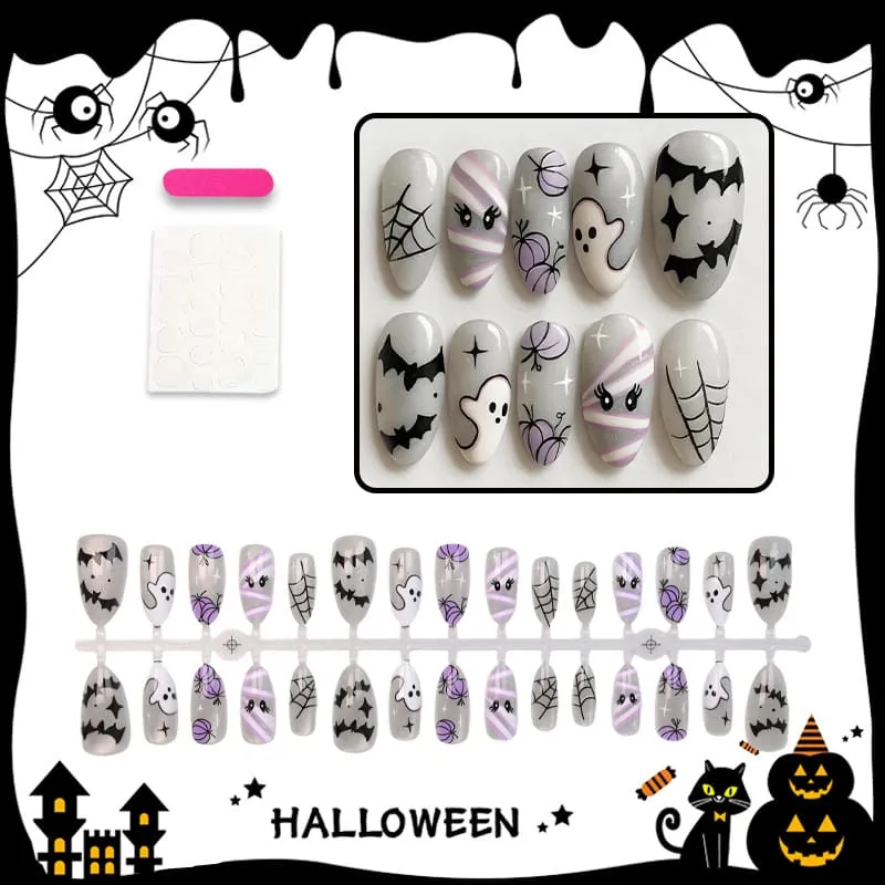 Nailhour 30Pcs Halloween Cat Eye Medium Almond French Press On Nails