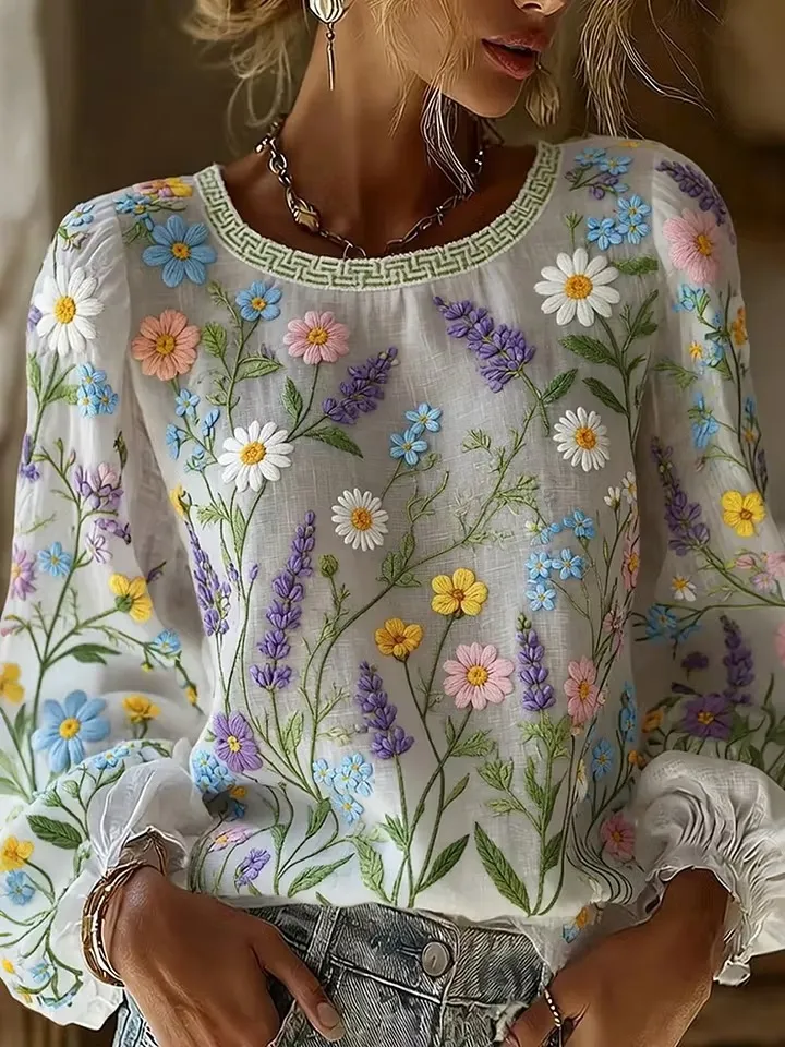 Flower Pattern Color Blocked Print Casual Linen Top