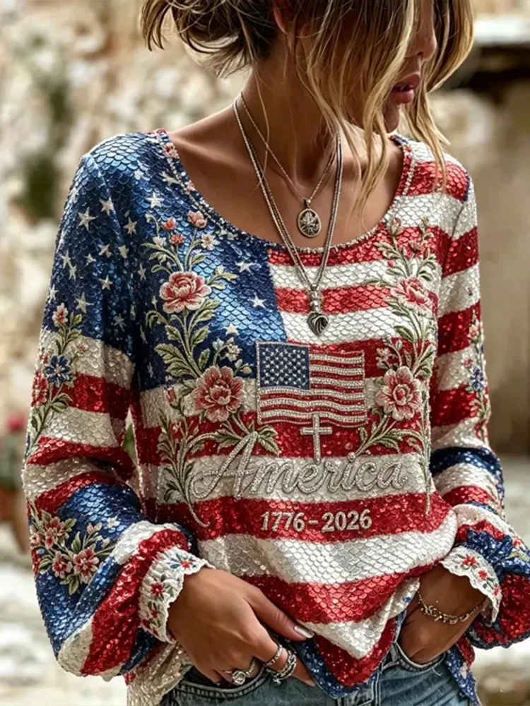 Women's American Flag Printed Long Sleeve Casual Shirt