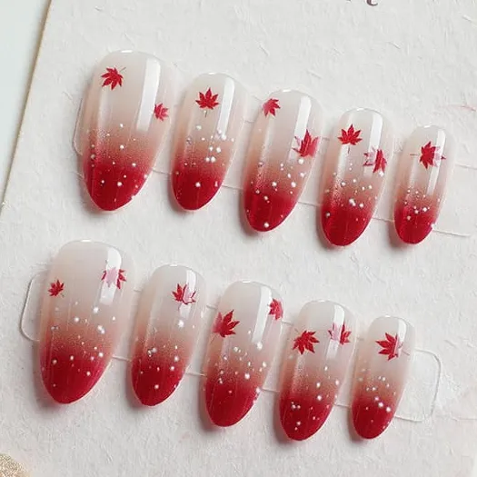Nailhour 30Pcs French Red Gradient Medium Almond Press On Nails