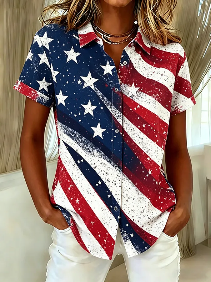 Ladies' Casual American Flag 250Th Anniversary Founding Celebration Printed Lapel Shirt