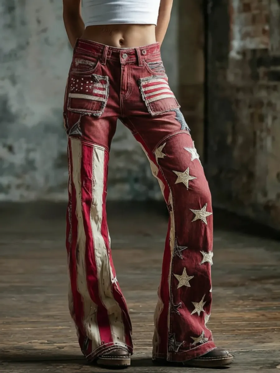 Women'S Retro Flower 250Th Anniversary Commemorative Casual Jeans