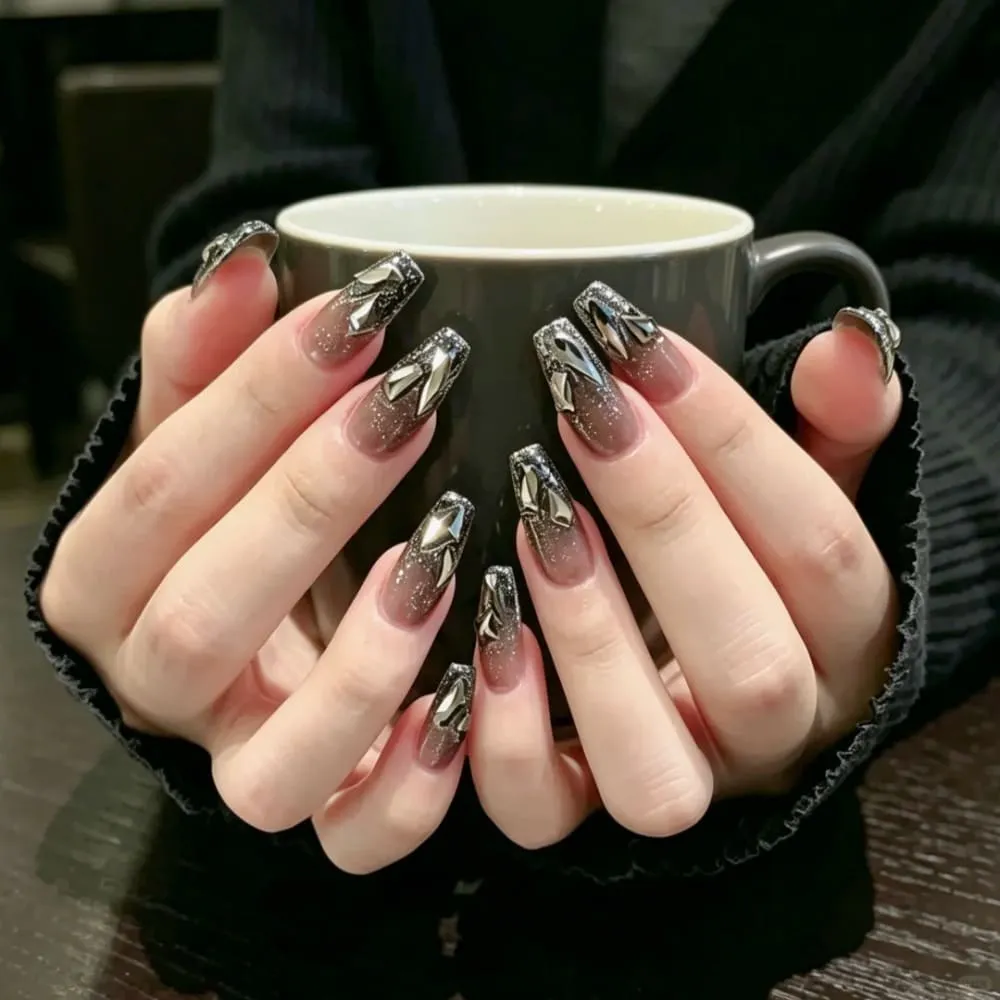 Nailhour 24Pcs Black 3D Rhinestone French Medium Coffin Gilded Press On Nails