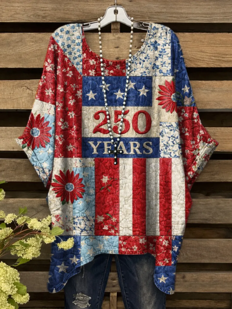 Women's Floral Paw Prints American Flag Patchwork Linen Tunic