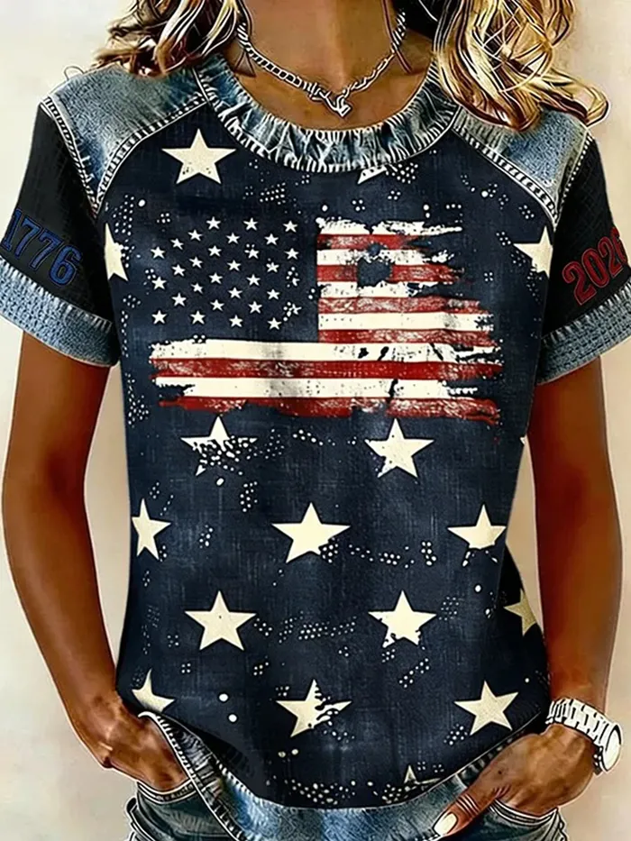 Ladies' Casual American Flag Printed Round Neck Top