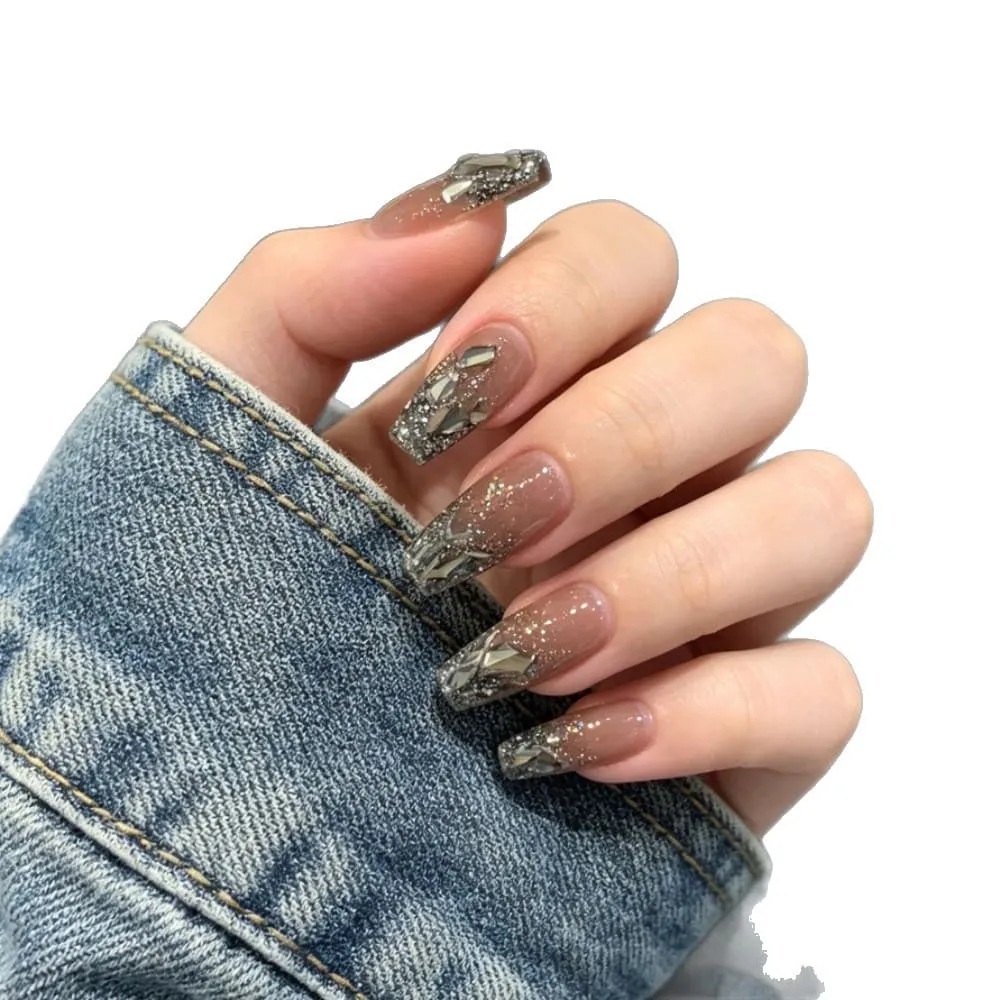 Nailhour 24Pcs Black 3D Rhinestone French Medium Coffin Gilded Press On Nails