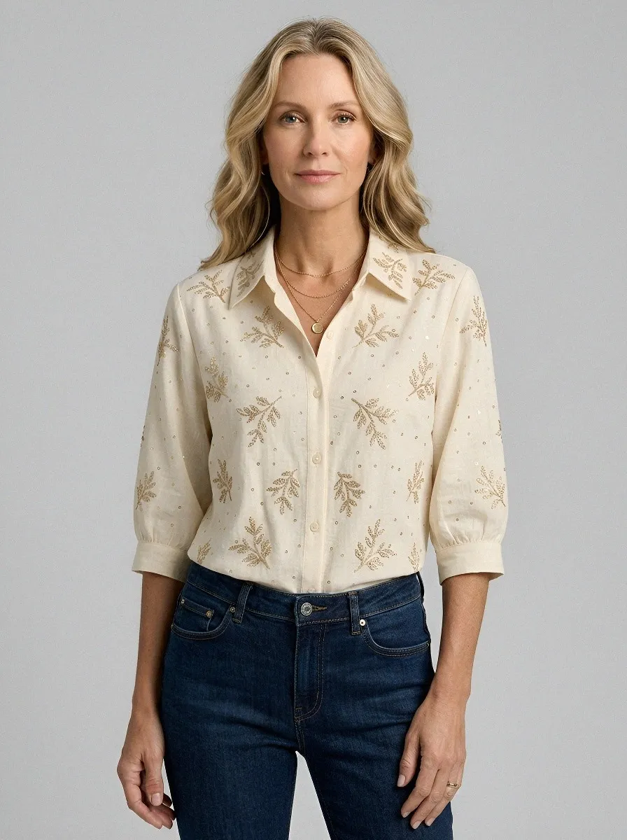 Women's Breast Cancer Awareness Gold Leaf Sequin Embroidered Button-Down Shirt