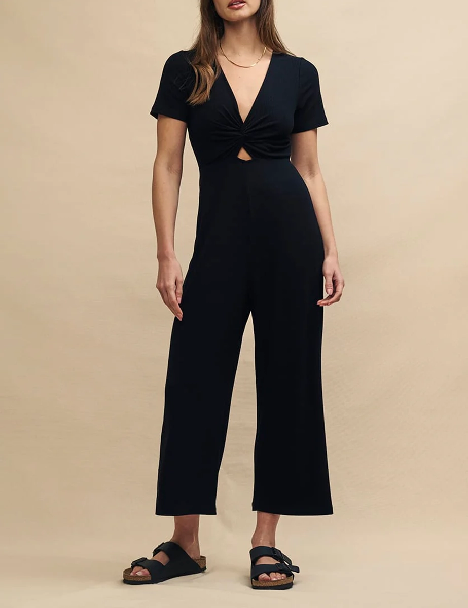Black Short Sleeve V-Neck Jumpsuit - MADEBYPINKSURVIVORS