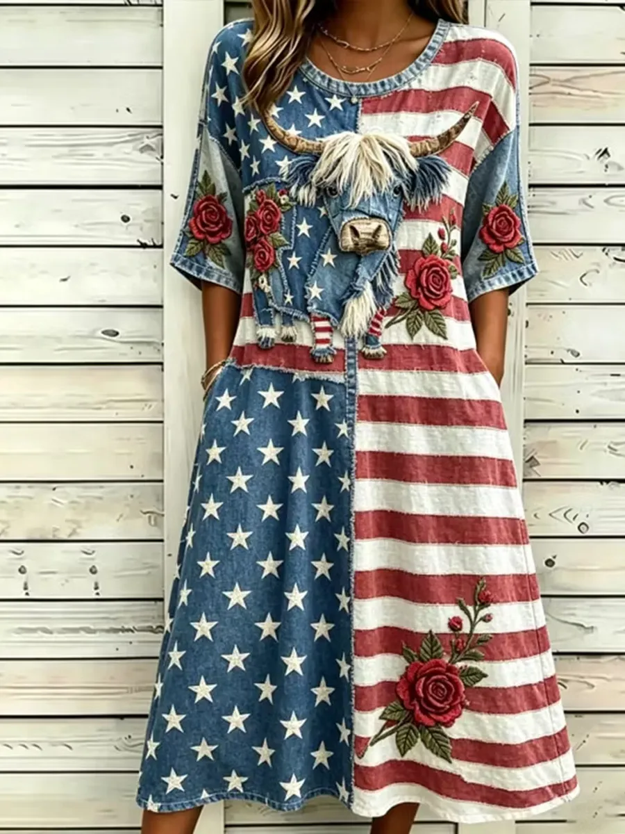 American Flag and Highland Cow Patchwork Design Women's Vintage Dress