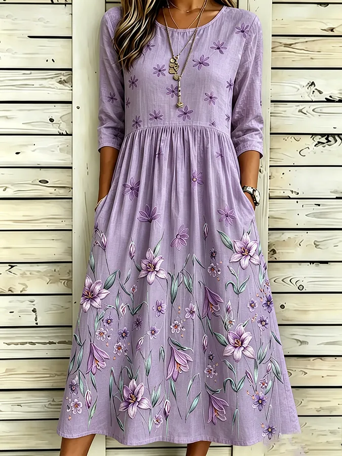 Women's Casual Purple Floral Lace Cotton Linen Dress