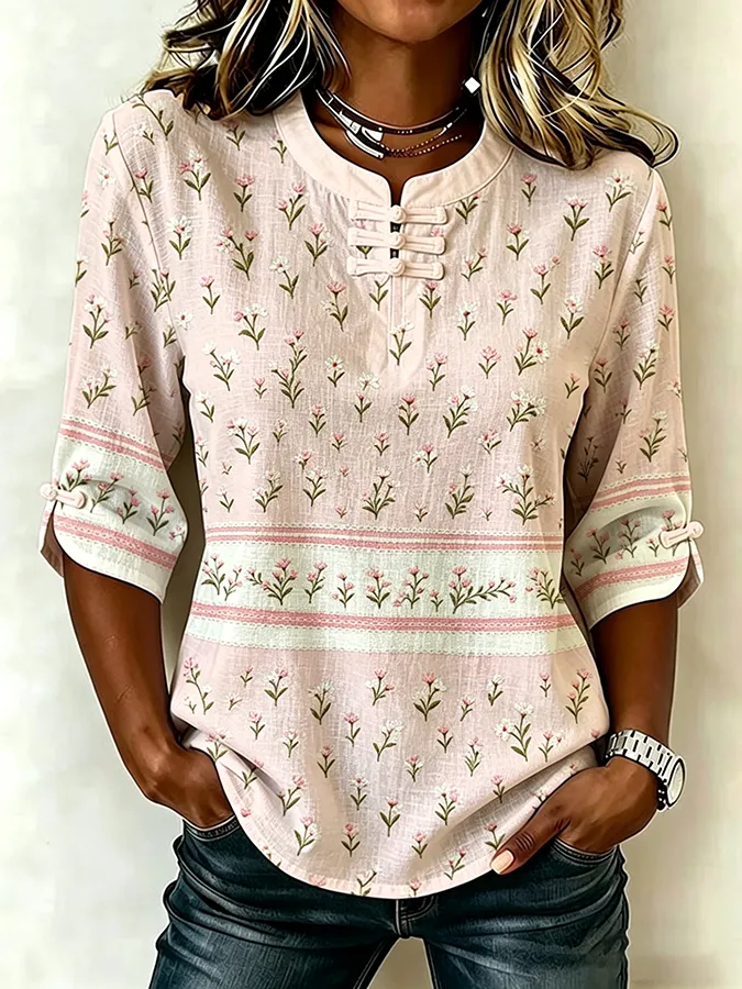 Women's retro floral cotton and linen top
