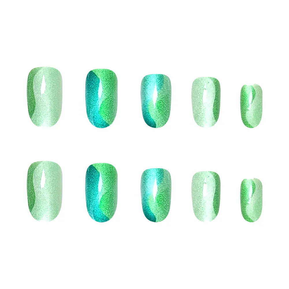 Nailhour 24Pcs Green Cat Eye Nail Art Glitter Press On Nails