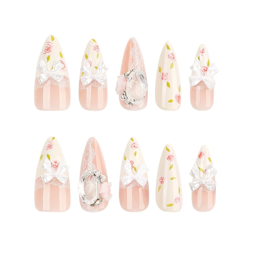 Nailhour 24Pcs French 3D Floral Long Almond Press On Nails