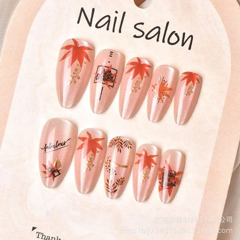 Nailhour 24Pcs Gilded Autumn Cat Eye Medium Almond Press On Nails