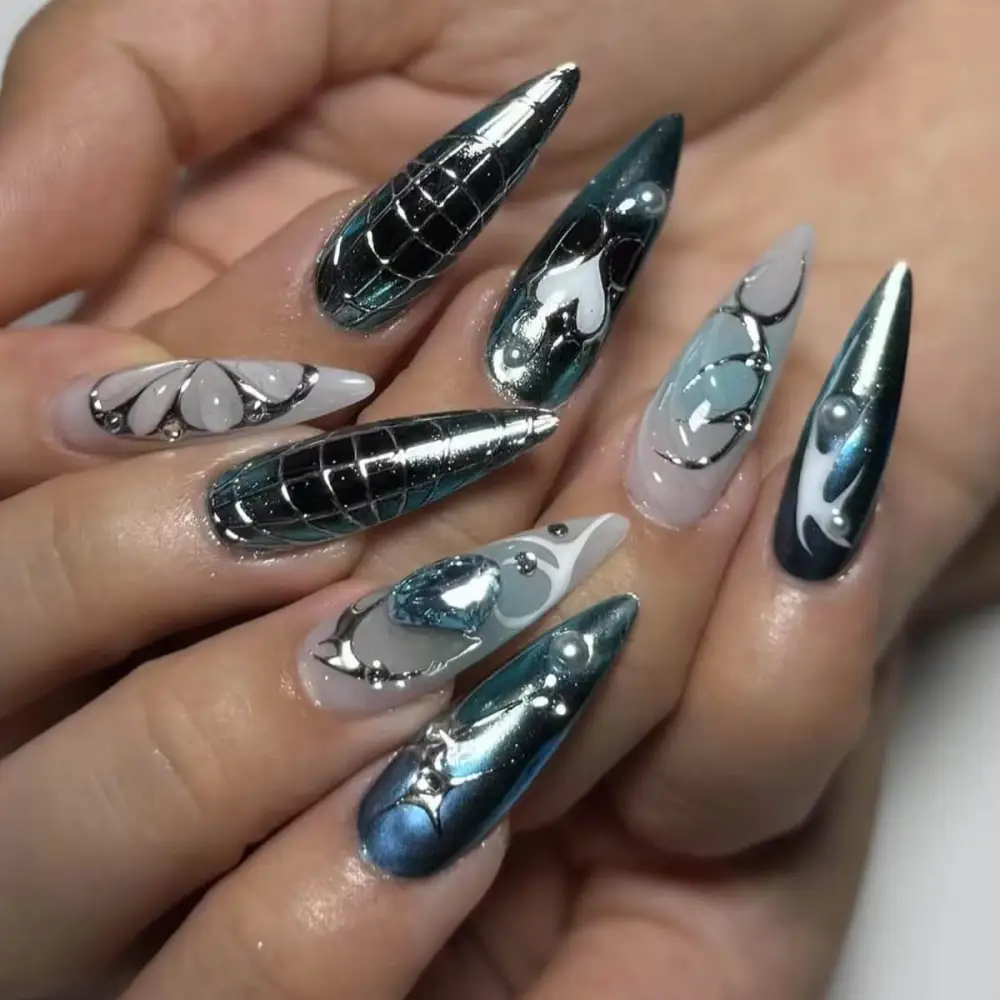 Nailhour 24Pcs Chrome Cat Eye Long Stiletto Press On Nails