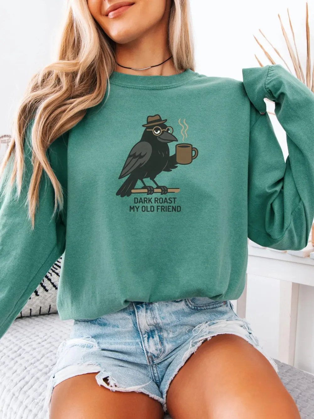 Retro Crow Coffee Print T-Shirt