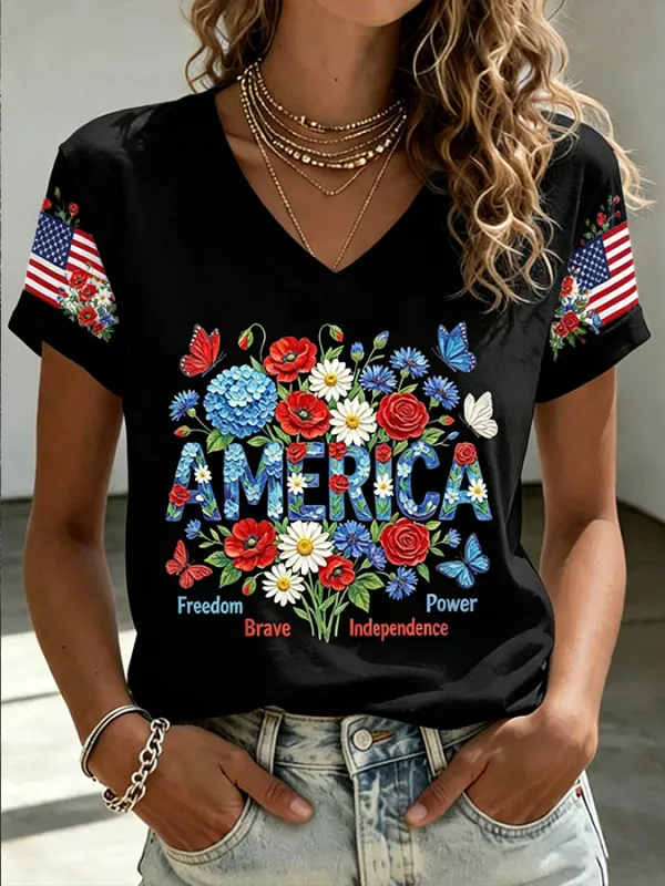 Women'S America Flag Floral Printed Casual T-Shirt