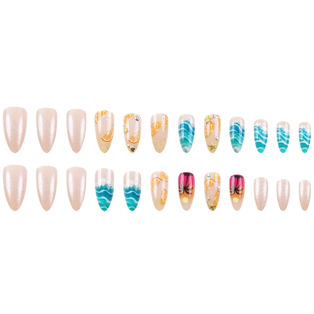 Nailhour Beach Medium Multicolor Holiday Summer 24 Pcs Almond Press On Nails