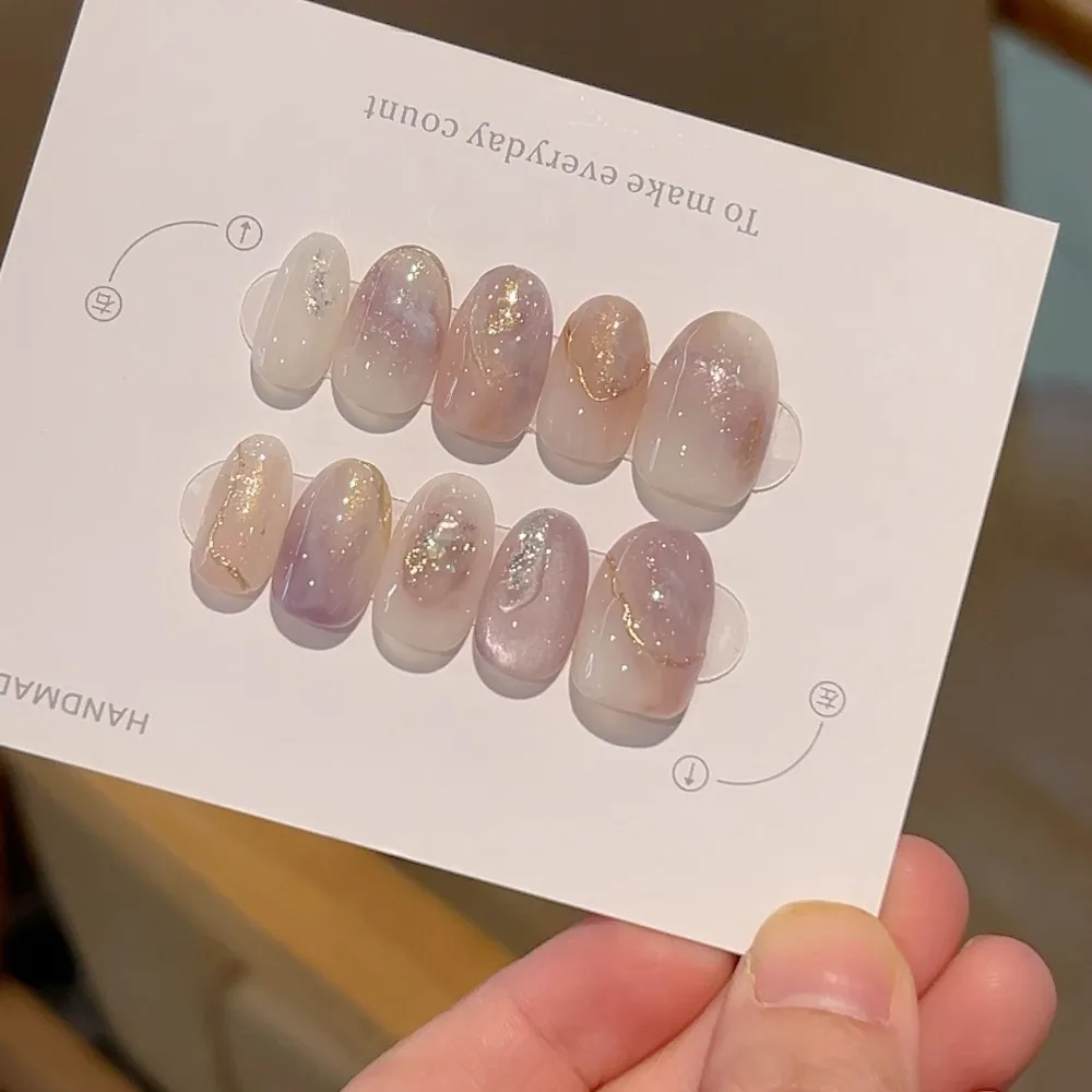 Nailhour 10Pcs Gilded Glitter Purple Short Oval Press On Nails