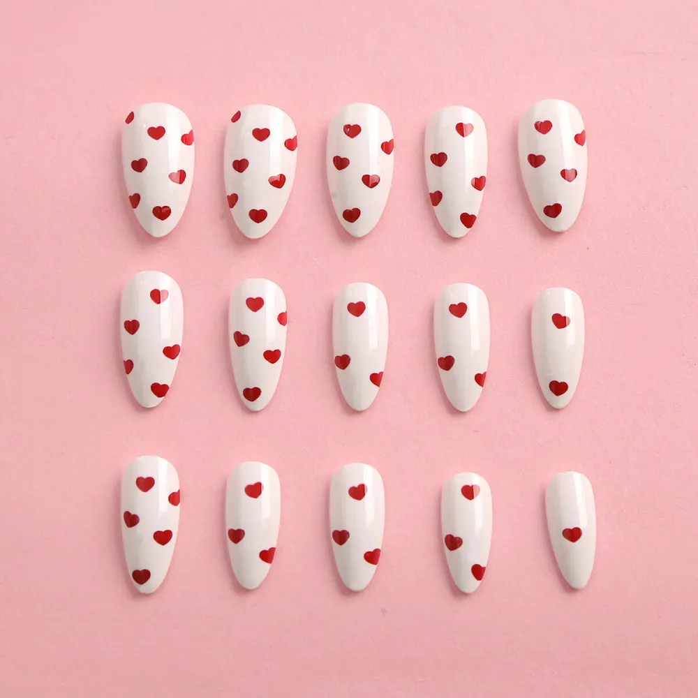 Nailhour 24Pcs Medium Almond French Heart Press On Nails