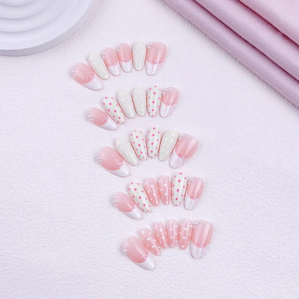 Nailhour 30Pcs Floral 3D Medium Almond French Butterfly Bow Press On Nails